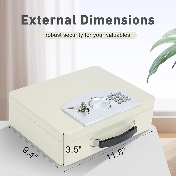 KYODOLED Off-White Safe Box with Digital Keypad Lock, Lock Box with Code for Personal Items, Metal Security Box for Cash, Passport, Ideal for Home, Office, Garage Sale, 11.8'' x 9.4'' x 3.5'' - Image 2