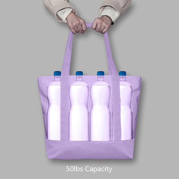 TOPDesign 3-Pack Canvas Tote Bags with an External Pocket, Reusable Grocery Shopping Bags, Top Zipper Closure, Daily Essentials (Lavender) - Image 6