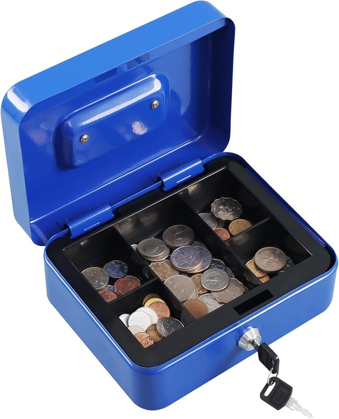 xydled Medium Cash Box with Lock, Removable Coin Tray, Steel Money Box, Blue - Image 2