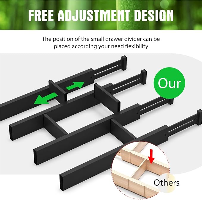10pack Bamboo Drawer Dividers, Expandable Drawer Separators Splitter, 17-22 inches Adjustable Spring-loaded Organizer for Large Utensil, Clothes, Tools Drawers(Black) - Image 4