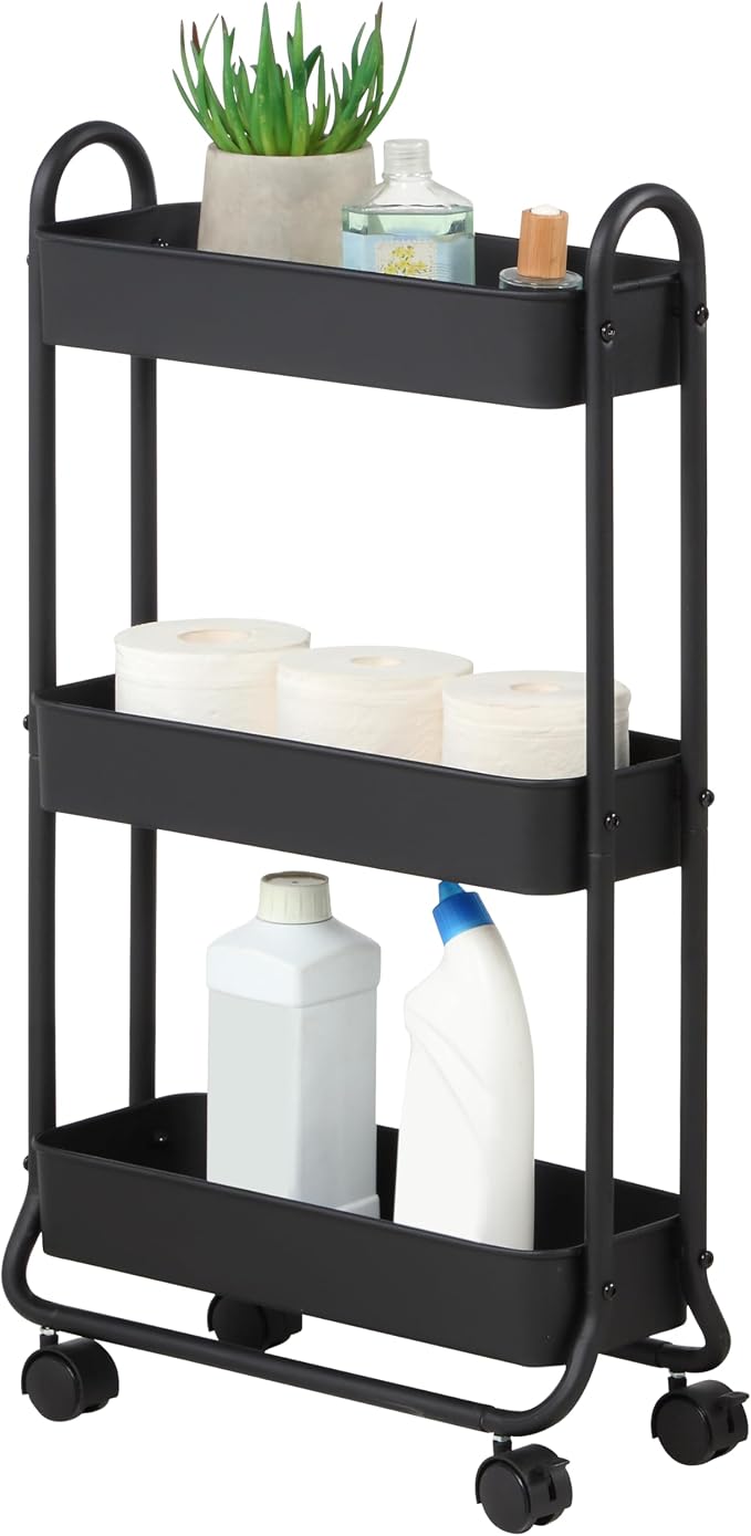 SunnyPoint Slim Rolling Storage Cart, 3 Tier Bathroom Storage Organizer Bathroom, Laundry Utility Cart (Black) by SunnyPoint