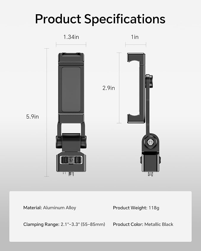 Metal Phone Tripod Mount with 1/4"-20 Male Screw, Camera Cage Phone Clamp, 360° Rotation 180° Tilt Smartphone Holder with Side Cold Shoe for iPhone 17 16 15, Samsung S25 S24,Magic Arm,Super Crab Clamp - Image 7