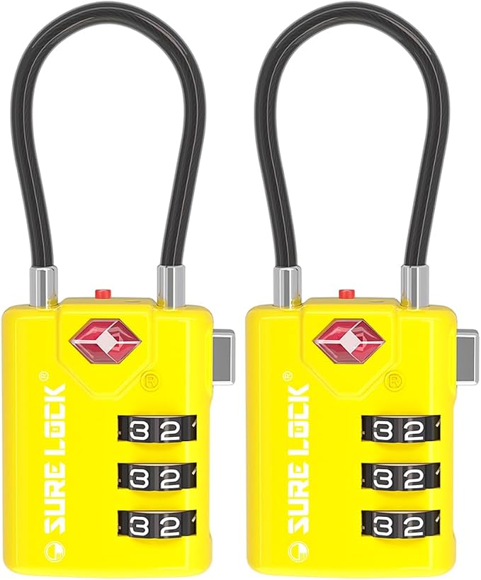 SURE LOCK TSA Approved Luggage Locks with Open Alert Indicator, 3 Digit Combination Cable Travel Lock for Suitcase, Backpack, Gym Locker, Toolbox & Travel Bag(2, Yellow) by Hopeyoucanstaysafe
