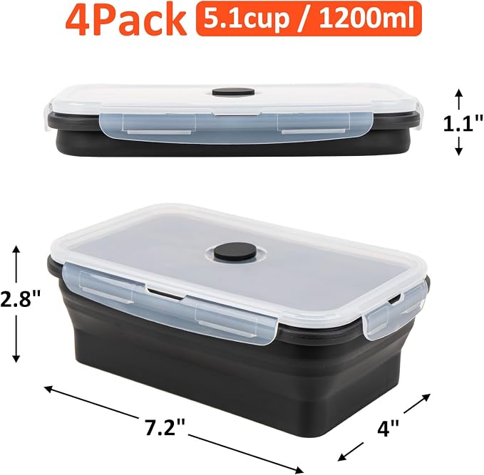 Collapsible Silicone Food Storage Containers Set with Lid & Air Vent,Foldable Lunch Containers(4PCS,Black,40oz) - Image 8