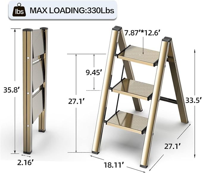 3 Step Ladder, Folding Step Stool with Anti-Slip Wide Pedal | Lightweight, Aluminum Material, 330LBS Load, Portable, Easy Storage, Space Saving, for Kitchen, Bedroom Use, Gold - Image 6