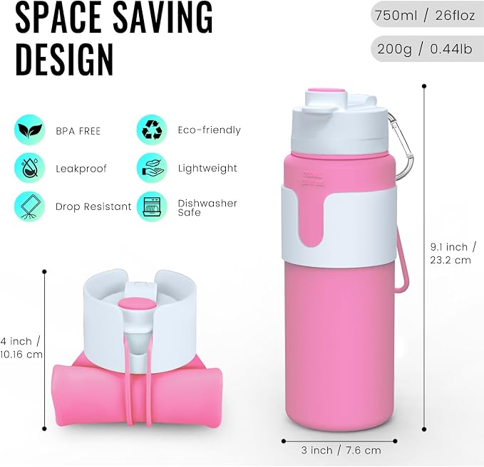 Nefeeko Collapsible Water Bottle, BPA Free 26oz Silicone Water Bottles | Foldable Water Bottles for Travel Sports, Leak-Proof Spill-Proof Portable Water Bottle with Carabiner, Lightweight - Image 2
