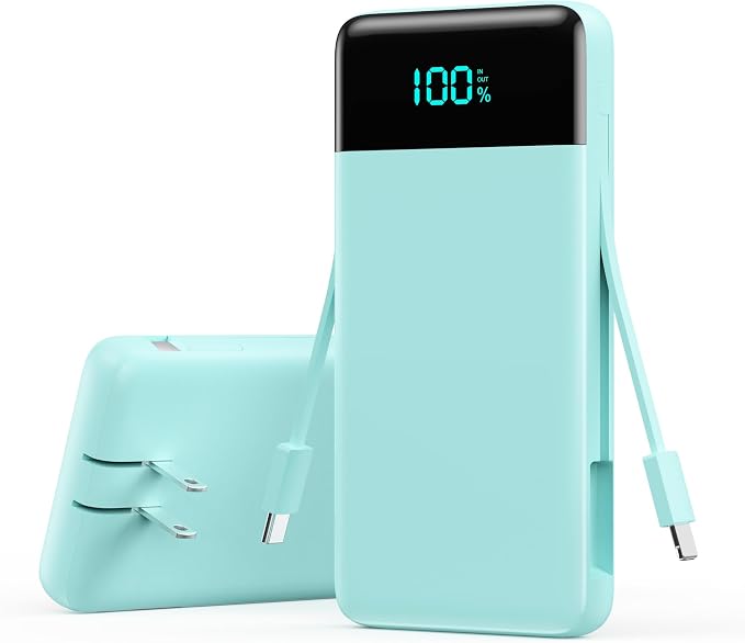 Portable Charger with Built-in AC Plug and Cables,13800mAh All in One USB C Fast Charging Power Bank,Travel Essentials Portable Phone Charger Battery Pack for iPhone 17/16/15/13,Galaxy,Android-Green by YHO