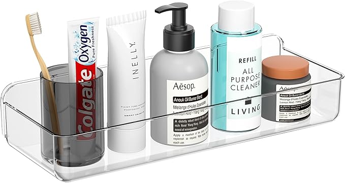 ZEXALOR Wall Mounted Storage Organizer Bins Organizing Shelf Basket Clear Plastic Makeup Organizer Adhesive Hanging Bin Fridge Organizer for Bathroom,Kitchen,Cabinet,Pantry,Countertops (13.7×5×2.7”) by ZEXALOR