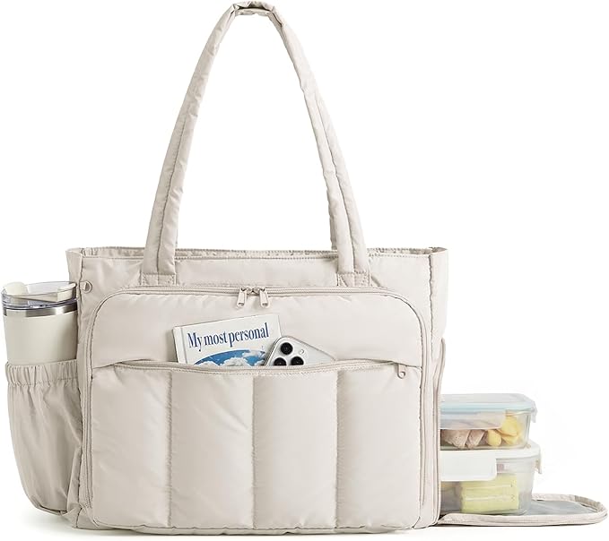 BAGSMART Tote Bag for Women, Puffy Work Tote Bag with Zipper, Quilted Large Teacher Bag for Work, Travel by BAGSMART