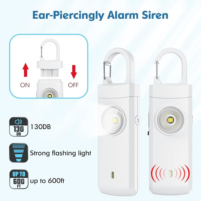 Rechargeable Personal Alarm for Women - Christmas Birthday Gifts for Women, Daughter, College Student, Teen Girl, Elders, Kids, Siren Alarm, USB Charging, White - Image 2