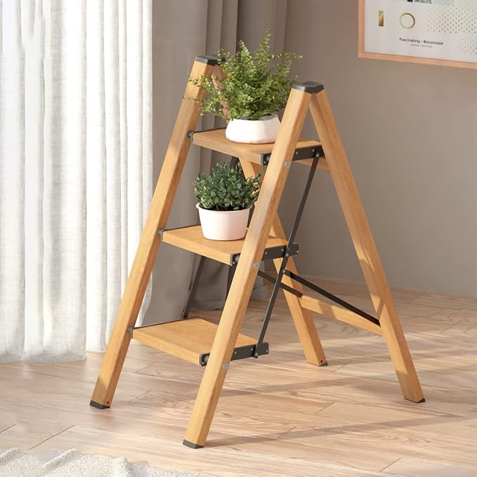 3 Step Ladder, Folding Step Stool with Anti-Slip Wide Pedal | Lightweight, Aluminum Material, 330LBS Load, Portable, Easy Storage, Space Saving, for Kitchen, Bedroom Use, Woodgrain - Image 3