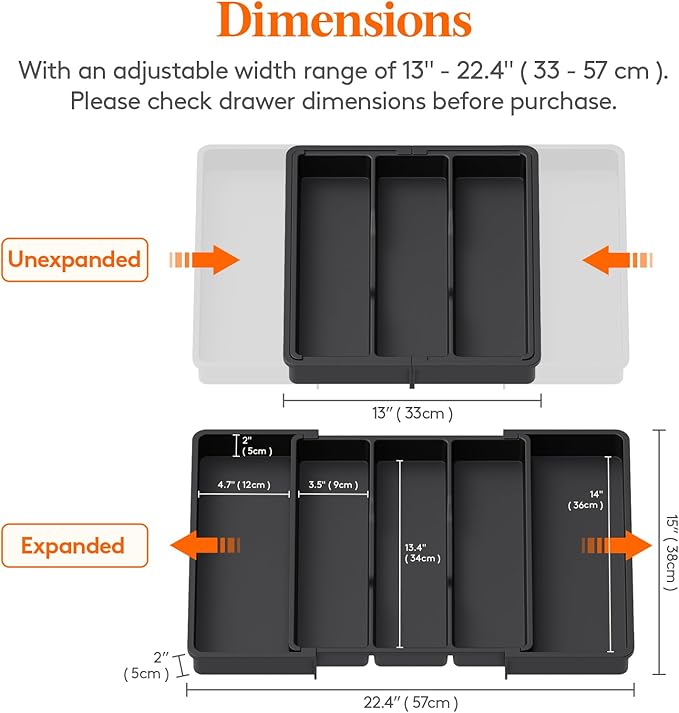 Lifewit Utensil Organizer for Kitchen Drawers, Expandable Utensil Tray | Adjustable Cooking Cutlery Silverware Flatware Holder, Plastic Spatula Tools Storage Divider, 13-22 x 15", Black - Image 2