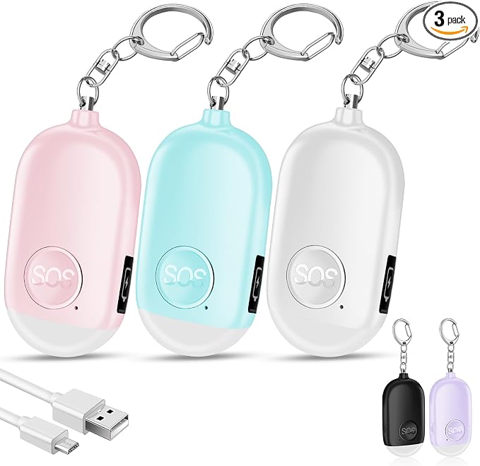 Hion Personal Safety Alarm for Women, 3 Pack Rechargeable 130dB Self Defense Alarm Keychain with LED Flashlight, Emergency Safe Sound Security for Children Elderly, White+Pink+Blue by Hion