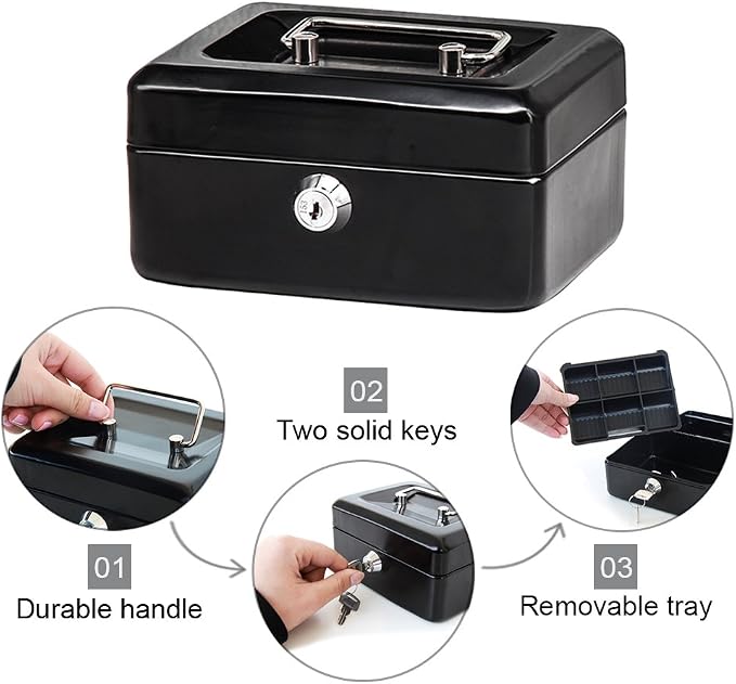 Decaller Small Cash Box with Key Lock, Double Layer Metal Money Box for Home Security, Portable Locking Box, 5.9" x 4.7" x 3.2", Black - Image 4