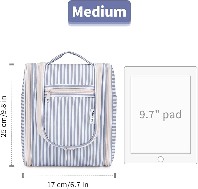 Narwey Small Striped Hanging Travel Toiletry Bag for Women, Travel Bag for Toiletries, Makeup Bag Organizer Cosmetic Bags Make Up Bags for Women (Greyish Blue Stripe) - Image 7