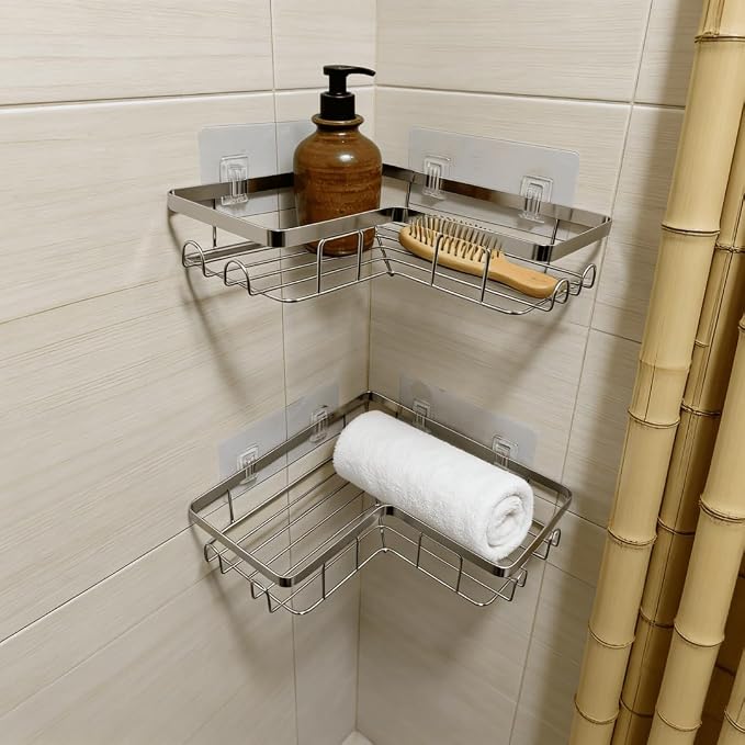Shower Caddy 2 Pack, Stainless Steel No Drilling Adhesive Bathroom Organizer Shelf Rack, Corner Shower Shelf with Hooks for Home Decor & Storage - Image 8