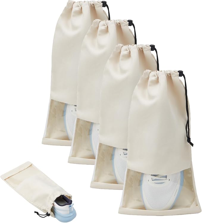 4 Pcs Single Shoe Bags for Travel, Drawstring Shoe Bags with Clear Window | 9.1"x17.7" Fits Most Shoes, Dust Resistant, Washable & Reusable, Travel Shoe Storage Bags for Men & Women by Unknown