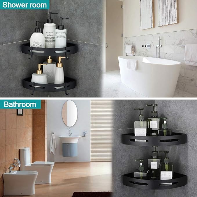 Adhesive Corner Shelf Bathroom Shower Caddy Organizer for Kitchen Toilet No Drilling 2-Tier Bathroom Corner Shelves Shower Caddies | For Kitchen Toilet No Drilling 2-Tier Bathroom Corner Shelves Shower Caddies Black - Image 3