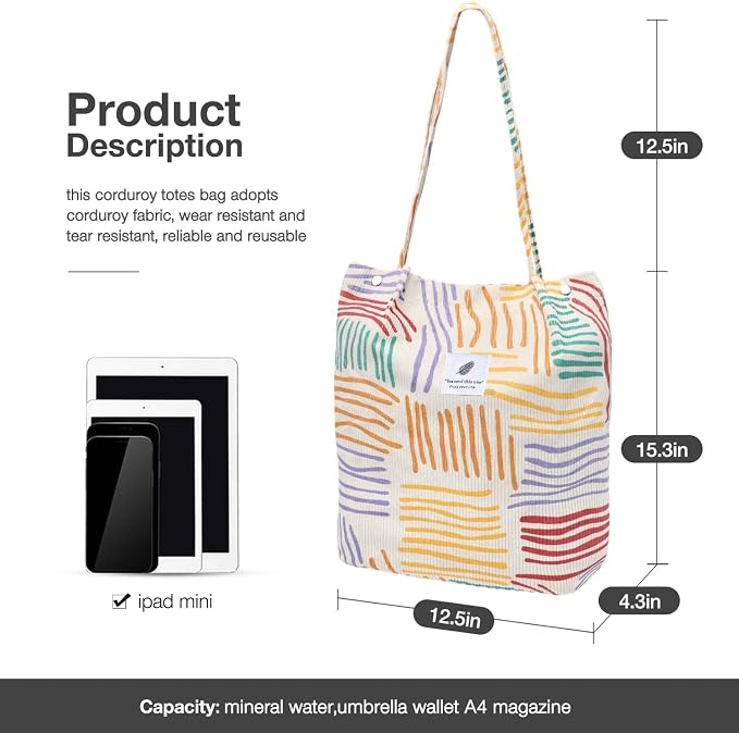 LHMTQVK Corduroy Tote Bags for Women, Large Capacity Tote Purse Reusable Grocery Shoulder Bag with Inner Pockets - Image 3
