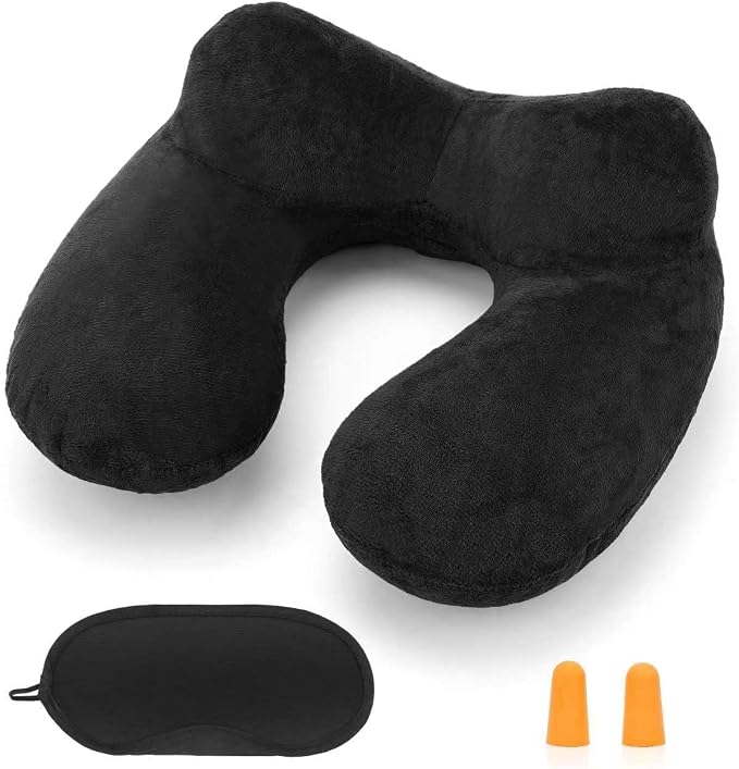 Inflatable Travel Pillow for Airplane Inflatable Neck Pillow for Traveling with Soft Velvet Washable Cover for Sleeping, Airplane,Train, Car, Office, Contoured Eye Masks, Earplugs by HITSZS