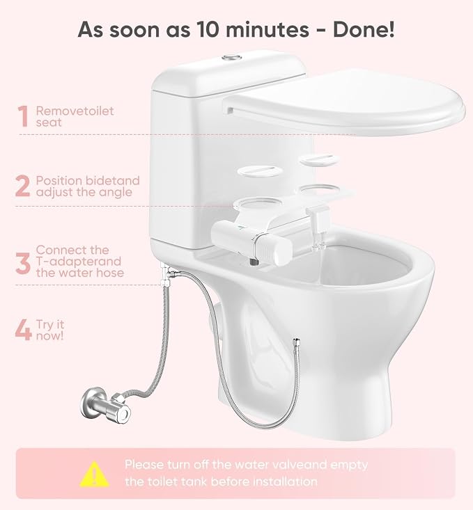 Ultra-Slim Bidet Attachment, Posterior&Feminine Wash-(Retractable Dual Nozzles), Non-Electric Bidet Attachment for Toilet Seat, Adjustable Fresh Cold Water Pressure, Stainless Steel Inlet (White) - Image 5