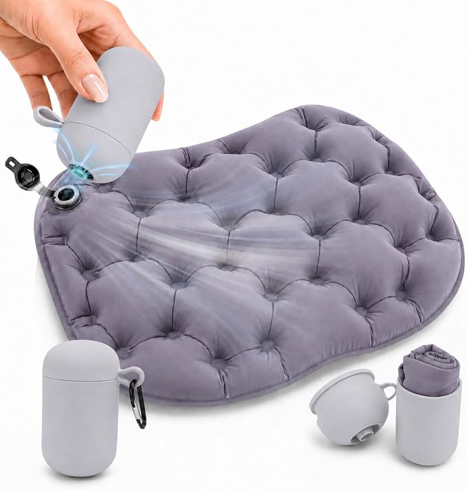 Inflatable Seat Cushion with Pump for Airplane Travel and Stadium | No Mouth-Blow Pump, 14.6 x 10.2 x 1.96 in, Water-Resistant 30D Nylon TPU, Lightweight for Travel, Camping and Hiking by Unknown