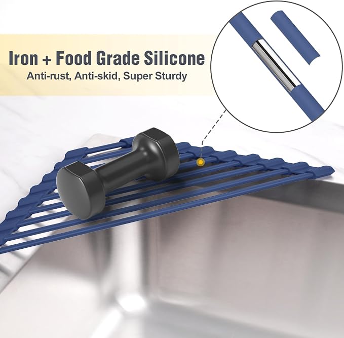 Tomorotec Roll Up Dish Drying Rack with Silicone Coating, Dark Blue | 304 Stainless Steel with BPA-Free Silicone, Triangle Design Maximizes Sink Corner Space, Fits Compact Kitchens And RVs - Image 3