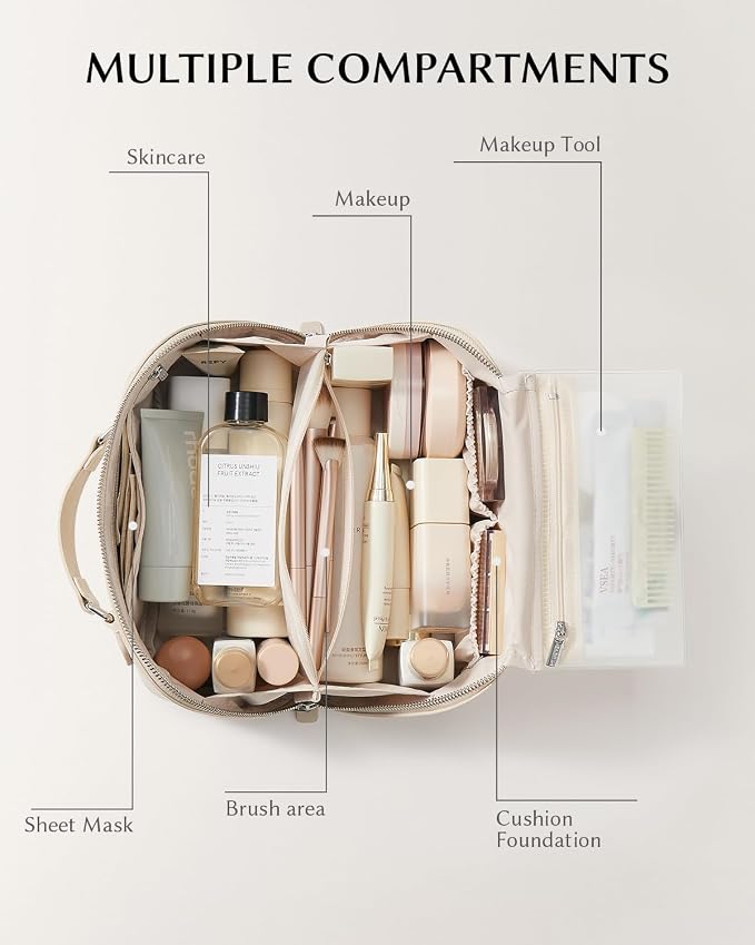 EACHY Travel Makeup Bag for Women, Provence Cosmetic Bag, Beige, Medium | Provence-style organizer with TPU brush holder, extra pockets and wipe-clean exterior for makeup and travel essentials - Image 2