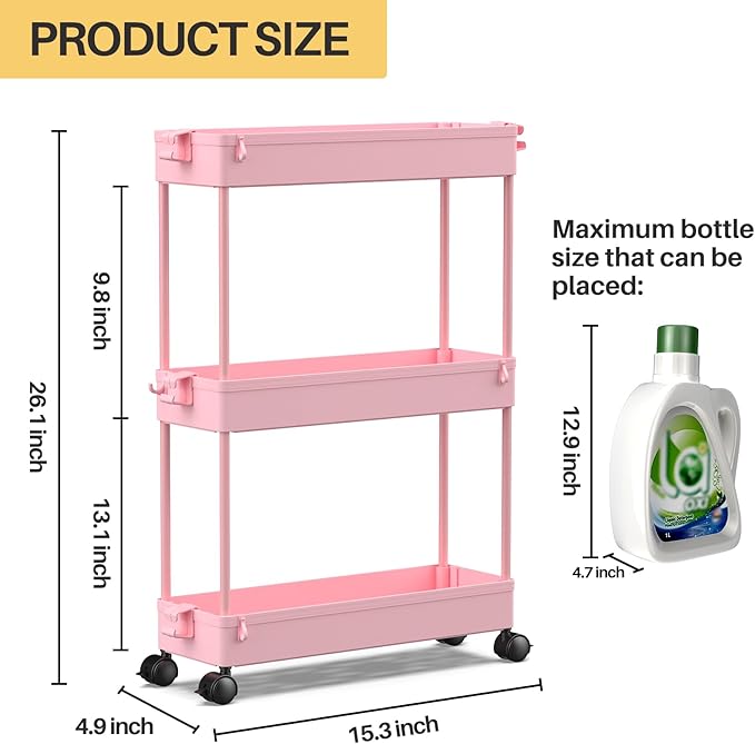 SPACEKEEPER Slim Rolling Storage Cart, 3 Tier Bathroom Cart Organizer, Pink | Narrow Rolling Cart with Wheels for Kitchen Office Bathroom Laundry Room,Mobile Utility Cart for Craft Art Makeup Nail Polish - Image 6