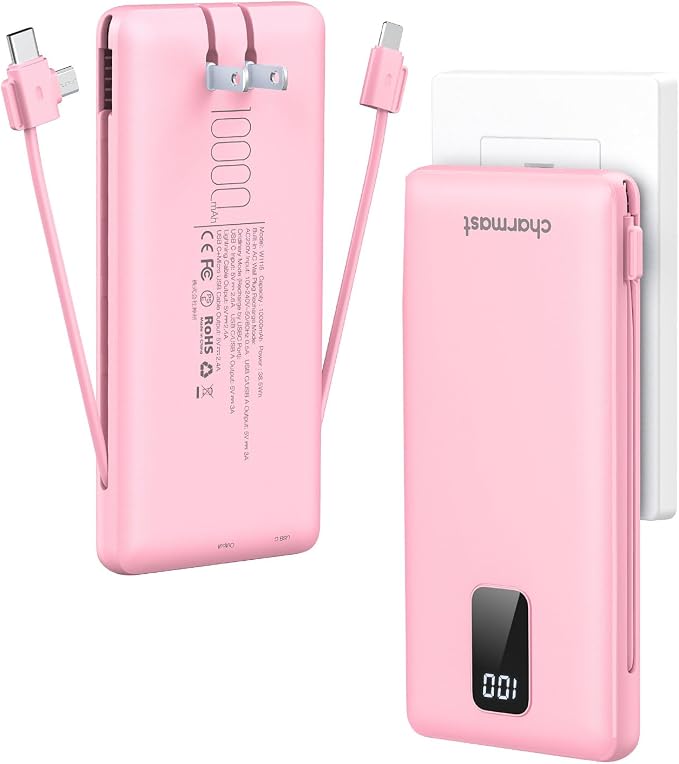 charmast Portable Charger with Built-in Cables and AC Wall Plug | 10000mAh Power Bank with 4 Outputs,USB-C & USB-A Battery Pack,Slim Travel Phone Charger for iPhone,iPad,Samsung,Android by charmast