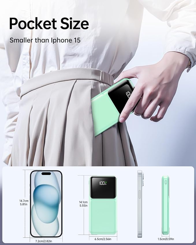 Portable Charger with Built in Cable 20000mAh Fast Charging | Power Bank USB C Slim 22.5W LED Display Battery Pack 5 Outputs & 3 Inputs for Travel Essentials iPhone Samsung Phones Cyan - Image 6