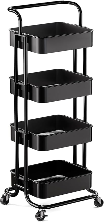 Pipishell Metal 4 Tier Rolling Cart with Handle & 2 Lockable Wheels, Black | Four Large 2" Wheels for Easy Motion, Sturdy Metal, Hold 22 lbs per Shelf, Ideal for Nursery Room, Living Room, Painting Room by Pipishell