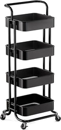 Pipishell Metal 4 Tier Rolling Cart with Handle & 2 Lockable Wheels, Black | Four Large 2" Wheels for Easy Motion, Sturdy Metal, Hold 22 lbs per Shelf, Ideal for Nursery Room, Living Room, Painting Room by Pipishell
