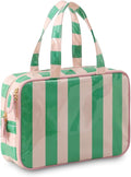 Toiletry Bag for Women, Pink and Green Stripe | Clear Coated,Waterproof,Multiple Compartment,Open Flat,Handle,Travel Organizer for Shampoo,Conditioner,Cosmetic Accessories by THOVSMOON