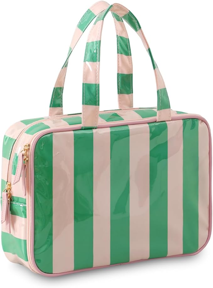 Toiletry Bag for Women, Pink and Green Stripe | Clear Coated,Waterproof,Multiple Compartment,Open Flat,Handle,Travel Organizer for Shampoo,Conditioner,Cosmetic Accessories by THOVSMOON