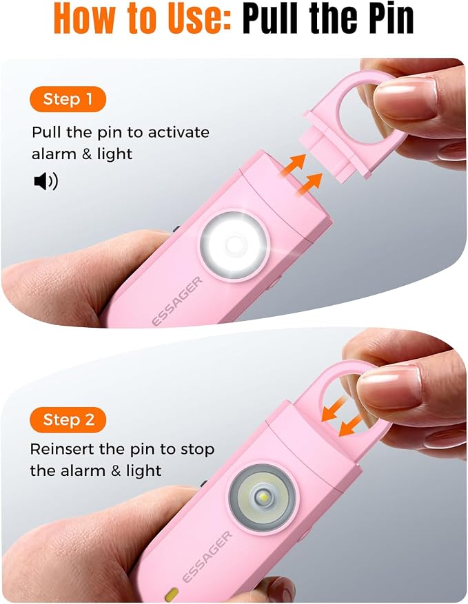 ESSAGER Personal Safety Alarm for Women, 130 dB Self Defense Siren, Rechargeable & Portable with Keychain and Carabiner, Low Battery Notice, LED Strobe Light for Kids, Seniors, College Students(Pink) - Image 3