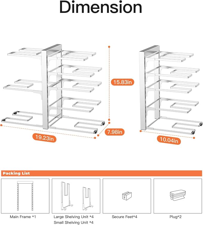 Pots and Pans Organizer Under Cabinet 15.8" 8-Tier Adjustable Silver | 2 DIY Modes, Tool-Free Assembly, Max 120 Lbs, Fits Cast Iron Pans, Dutch Ovens & Heavy Cookware, For Kitchen Cabinets - Image 4