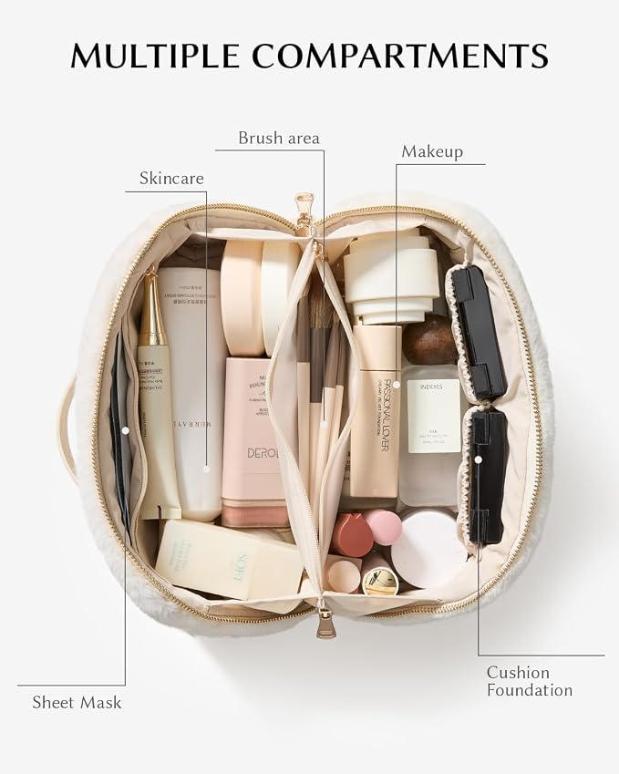 EACHY Travel Makeup Bag for Women, Faux Fur Cosmetic Bag, Beige, Medium | Faux fur bag with flat-open access, inner storage and clear TPU brush pocket for makeup, toiletries and travel essentials - Image 3
