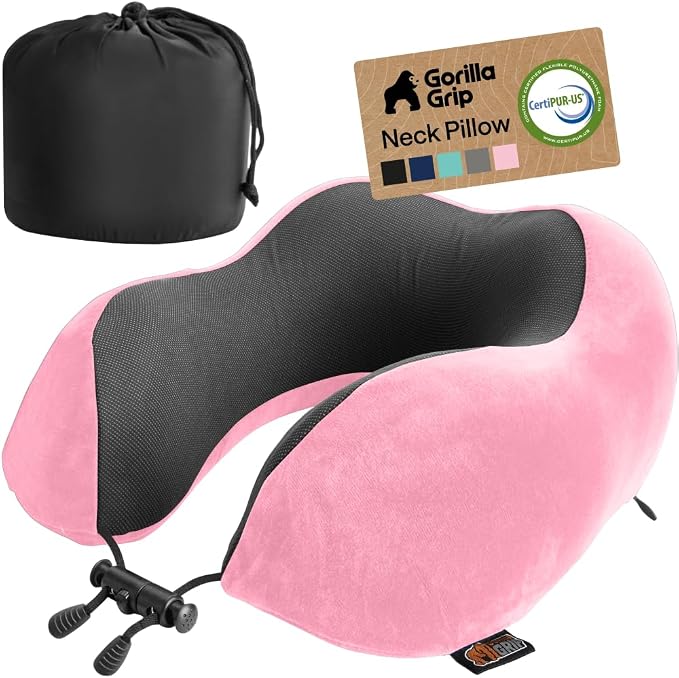 GORILLA GRIP Adjustable Travel Neck Pillow for Airplanes, CertiPUR-US® Memory Foam, Soft Velvet and Cooling Mesh Pillows, Support Headrest for Sleeping, Traveling Essentials, Flight Accessories, Pink by Unknown