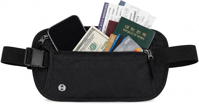 RFID Blocking Money Belt for Travel, Hidden Anti Theft Waist Pouch with RFID Protection, Slim Passport Holder Fanny Pack for Cash, Credit Cards, Phone & Travel Essentials-lightgrey-Black by Unknown