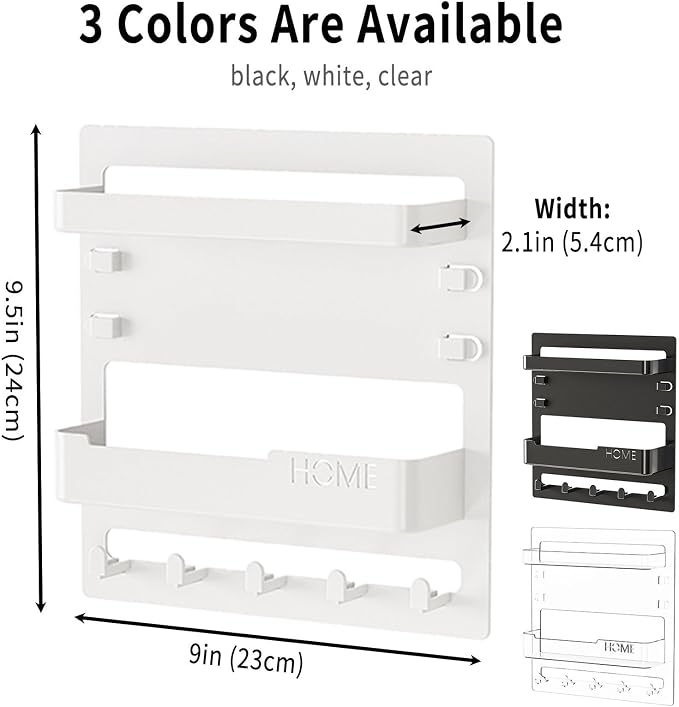 Wall Mount Bedside Shelf with Hooks, Adhesive Bedroom Organizer Storage for Phone, Remote, Kindle, Earphone, Dorm Room, RV, Office – Plastic Storage Rack (White) - Image 2