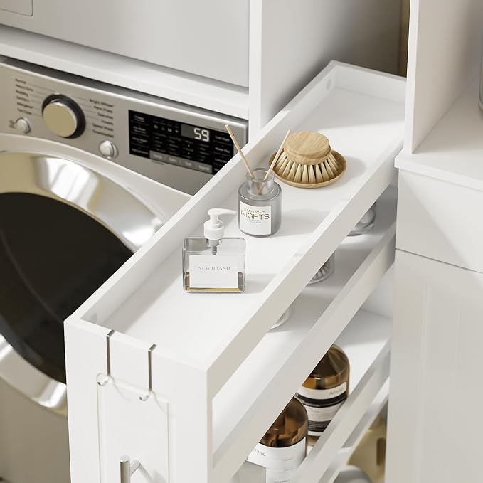 SoBuy 4 Tier Slim Rolling Cart with Wheels, Slim Storage Cart, White | Narrow Bathroom Storage Cabinet, Round Handle, Hidden Casters, 7.09" Gap Cart For Kitchen, Bathroom & Laundry - Image 6