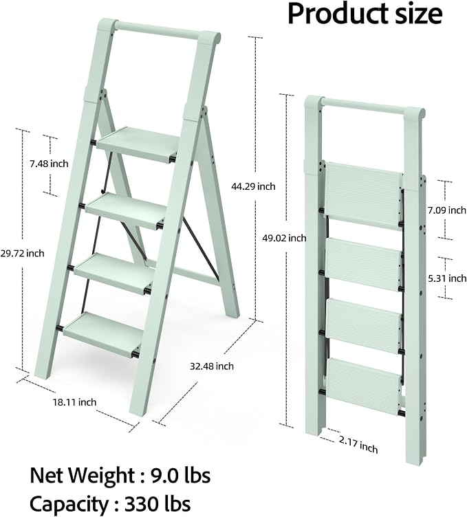 Taranta 4 Step Ladder,Aluminum Step Stool Foldable-Fairyland Green | Lightweight Folding Ladder with Convenient Handgrip,Wide Top Pedal,330lbs Capacity Stepladder for Home,Office,Kitchen - Image 6