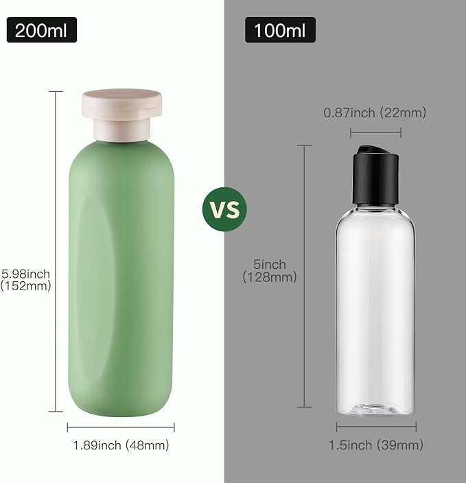 Empty Shampoo Bottles 6.7oz, Green Flip Cap Refillable Plastic, 4 Pack Set | Toiletry containers for conditioner, big large size squeeze bottles, body wash lotion dispenser, toiletries leakproof liquid - Image 4