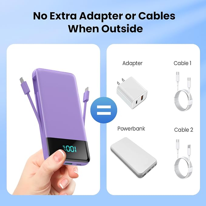 Portable Charger for iPhone,13800mAh Slim Power Bank with Built-in Cables & AC Wall Plug,All in One 4 Outputs USB C Fast Charging Battery Pack for iPhone 17/16/15/14,Android,Travel Essential (Purple) - Image 4
