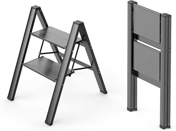 2 Step Ladder, Foldable Step Stool, 300lbs Load, Black | Folded 27''H x 2''T; Net 6.6 lbs; Rigid Aluminum Steps; No Assembly; For Home, Kitchen, Office, Pantry, Closets, Cabinets - Image 9