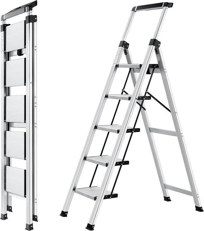 5 Step Ladder, Aluminum Folding Stool with Retractable Handgrip | 330 lbs Heavy Duty | Slim 2.5" Fold | Removable Tool Tray | Non-Slip Pedals | For Tall Cabinets, Ceiling Cleaning & Garage by XinSunho