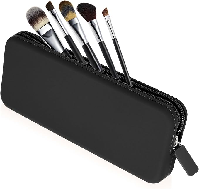 Travel Makeup Brush Holder, Silicone Makeup Brush Bag with Zipper Closure, Makeup Brushes Organizer Case Washable Makeup Pouch Holder Case for Daily, Work, Essentials（Black） by Sakolla