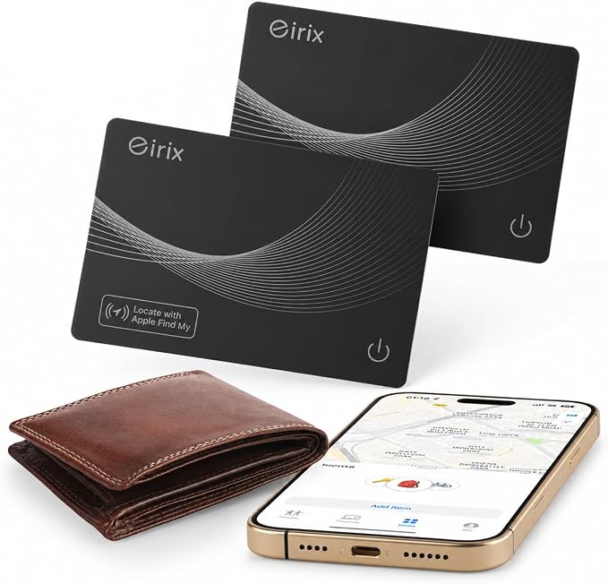 2026 [Apple MFi Certified] (iOS Only) Wallet Tracker Card, Rechargeable Thin Finder, Works with Apple Find My, IP68 Waterproof Item Locator for Luggage Tags, Passports, Phone (Black, 2 Pack) by eirix