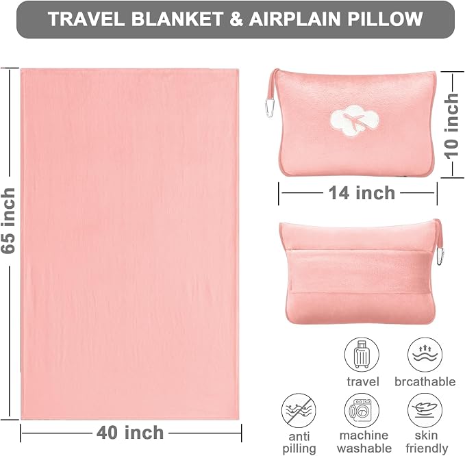 Travel Blanket and Pillow Compact, Premium Soft 2 in 1 Airplane Blanket with Soft Bag Pillowcase，Hand Luggage Sleeve and Backpack Clip (Solid Pink) - Image 3
